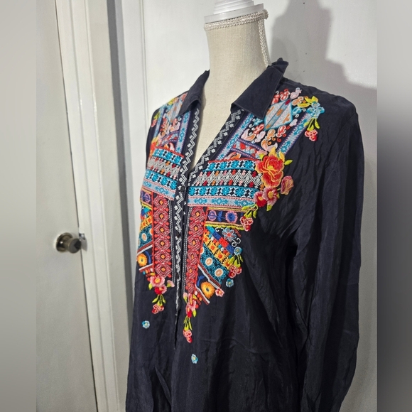 Johnny Was Blue Button Down Embroidered Long Sleeve Shirt Dress Sz Small - Picture 9 of 12